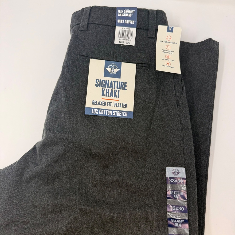 Dockers Signature Khaki Mens 33x30 Relaxed Fit Pleated Charcoal Gray Pants NEW